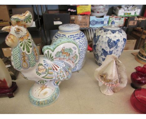 Two Oriental style ginger jars, a hand-painted ceramic cockerel and a Continental wall pocket (4)