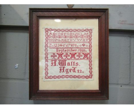 a late 19th Century sampler depicting the alphabet by A. Watts, aged 12.  21.5cm x 20.5cm