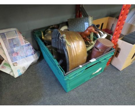 A box containing copper bowl, boxed Oriental plate, model carriage and clock, etc