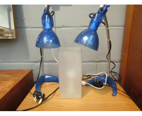 An Ikea Grono glass table lamp together with a pair of Ikea Morker retro blue lamps 