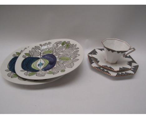 A Melba china trio, white ground with chequered design and a pair of Swedish floral design plates  