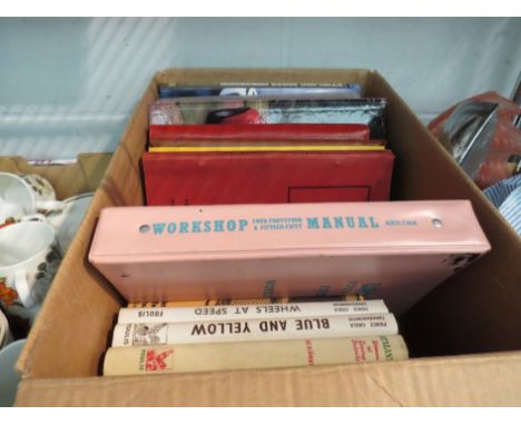 A box of motoring books including Stirling Moss, Prince Bira, Wolseley 4-44 and 15-50 workshop manual, MG Magnette workshop m