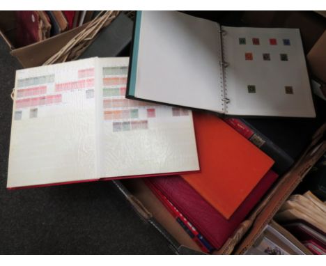 A box of stamp albums and Gibbons Commonwealth catalogues, a Minkus album, GB album containing Queen Victoria stamp values