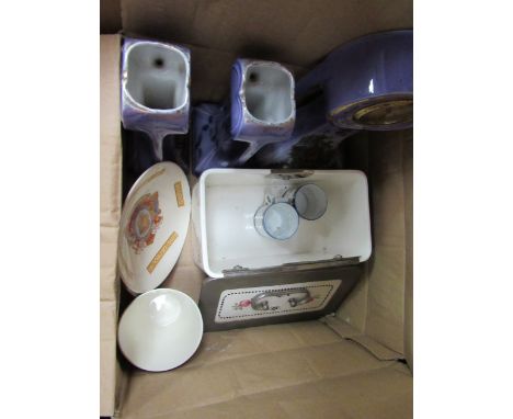 A ceramic clock garniture, purple ground with transfer printed decoration together with a lidded ceramic box, pair of coffee 