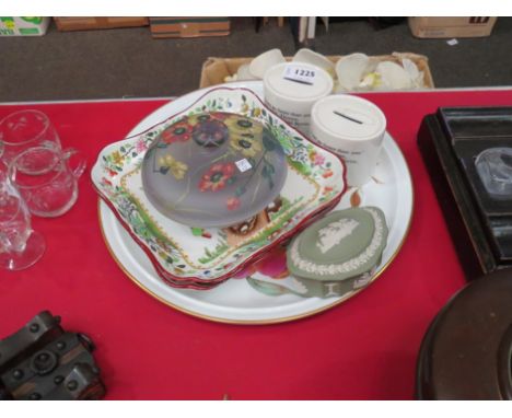 A selection of china and a violet painted glass lidded dish, including a Royal Worcester "Evesham" charger, a pair of Copelan