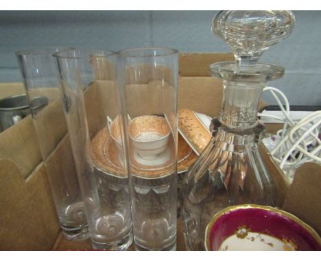 A quantity of glassware and china including decanter, narrow glass vases, Victorian Chamberlain's Worcester cup and saucer, t