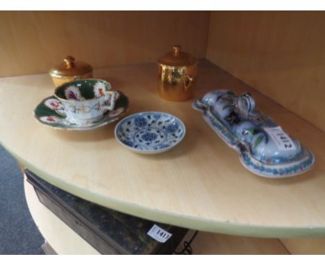 Two Royal Worcester gold elite preserves, cabinet cup and saucer and a Spode toothbrush holder etc 