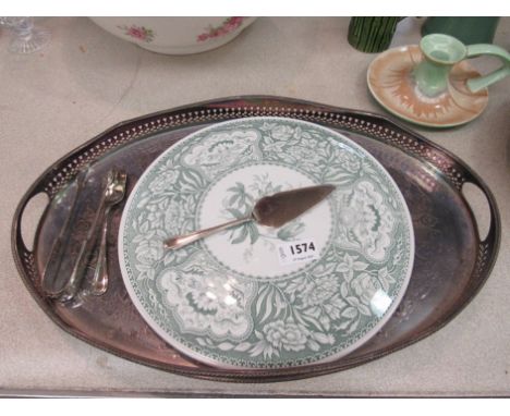 A Spode cake plate together with a plated galleried serving tray, sugar nips, cake slice and Stilton spoon