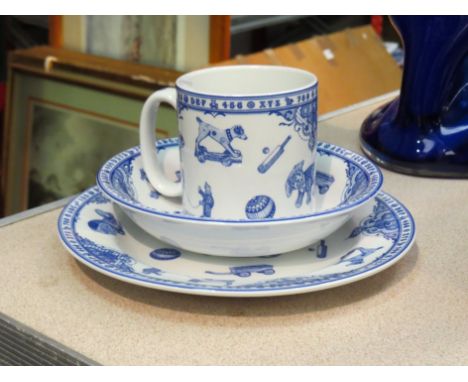 Spode "Edwardian Childhood" blue and white plate, bowl and mug (3)