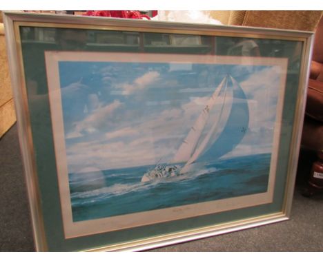 A framed and glazed print of yacht "Running Down the Hobart" by Robert Taylor, pencil signed by Edward Heath, 43cm x 64cm    