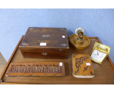 A Victorian inlaid rosewood sewing box, a carriage clock, nutcrackers, etc.