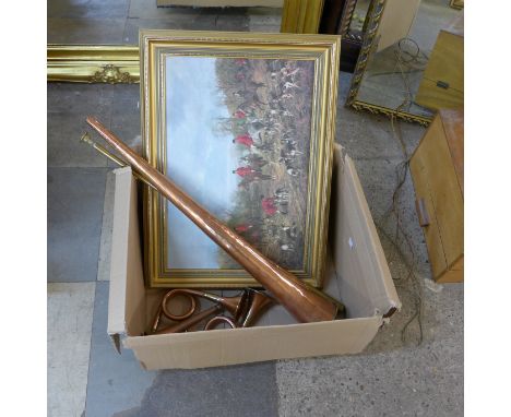 A fox hunting print and hunting horns