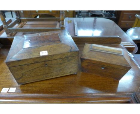 A Regency rosewood sarcophagus shaped tea caddy and George IV rosewood sewing box