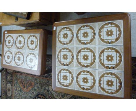 A 1970s G-plan teak coffee table, the top set with ceramic tiles, raised on block legs  14''h  27''w; and another, similar  1