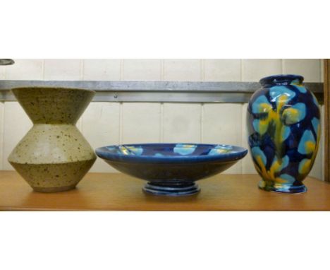 Studio pottery, viz. a Janice Tchalenko stoneware vase  7''h; a Poole pottery bowl  11''dia; and a matching vase  8''h       