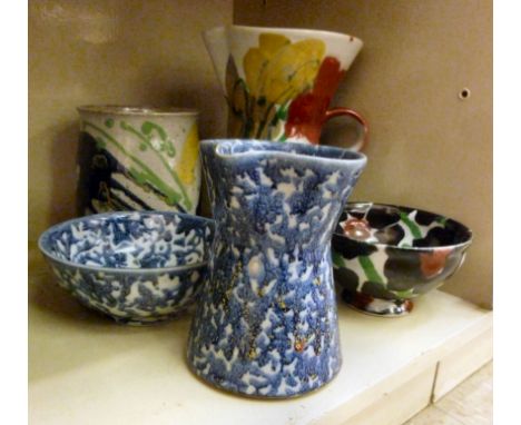 Janice Tchalenko pottery, viz. two water jugs with pinched spouts; a vase; and two bowls, decorated in abstract designs  3.5'