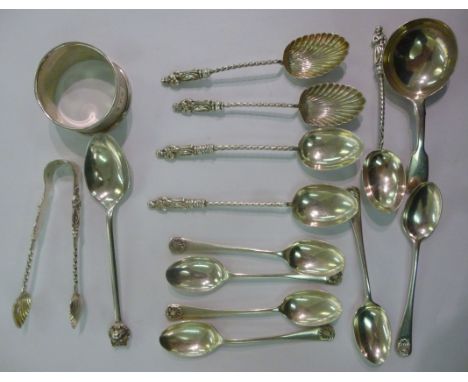 Small silver, viz. a set of six shell terminal coffee spoons; a pair of shell and twist stem coffee spoons with matching suga