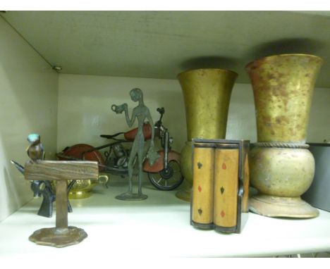 A mixed lot: to include a transfer printed playing card box, fashioned as two books, in a sleeve and a painted cold cast bron