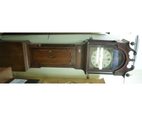 A late 18th/early 19thC crossbanded, marquetry and string inlaid oak and mahogany longcase clock, the hood having a swan neck