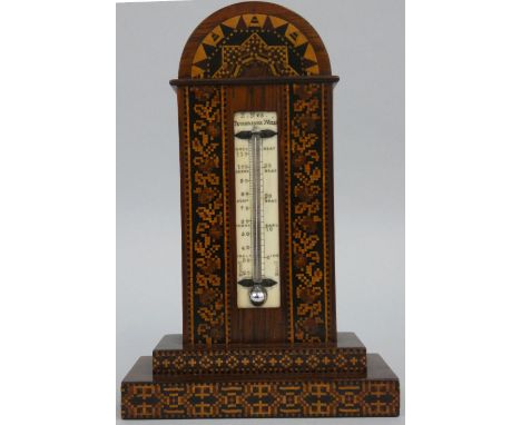 A Victorian Tunbridge ware thermometer stand by Edmund Nye, the ivory thermometer scale marked 'E Nye, Tunbridge Wells', heig