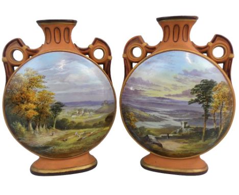 A Victorian pair of Prattware vases, of flask form, decorated with rural scenes, height 25 cm.