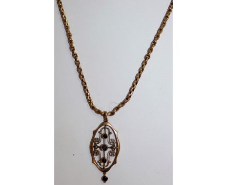 A late Victorian 9ct rose gold amethyst and pearl pendant, of oval pierced form, to a belcher link chain, weight 9.5 gms.