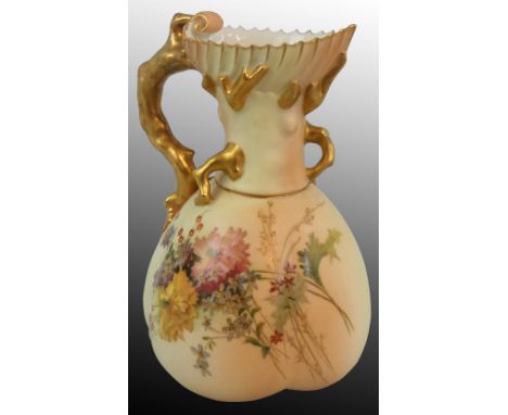 A Royal Worcester blush ivory lobed jug, decorated with enamel and gilt flowers against apricot ground, the gilt handle and n