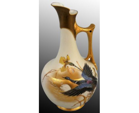 A Royal Worcester blush ivory pitcher ewer jug, depicting a painted goose flying towards sunset, gilt handle, puce date code 