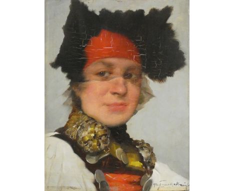 20th century German School, portrait of a lady with veil, oil on panel, indistinctly signed, 21 x 16 cm, gilt frame.