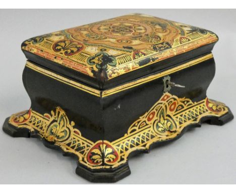 A Victorian papier mache tea caddy, of rectangular form with hinged polychrome cover, opening to reveal two compartments, 23 