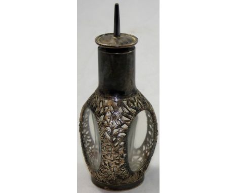 A Chinese silver and glass scent bottle, stamped TACKING, STERLING, MADE IN, HONG KONG, V, late 19th/early 20th century, of t