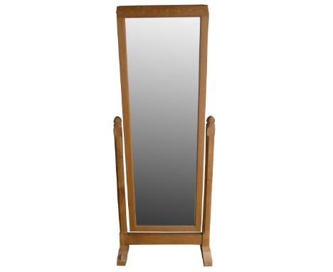 A Robert 'Mouseman' Thompson oak cheval mirror, carved mouse to the left foot rail, 64 cm wide x 131 cm high