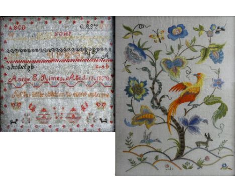 A Victorian needlework sampler, worked by "Annie E. Rimes, aged 11, 1870" with the alphabet three times, a verse "Suffer litt