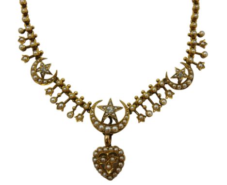 A Victorian gold, diamond and half pearl necklace, c. 1880/90, unmarked, composed of three diamond and half pearl set star wi