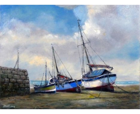 Jack Rigg (1927 -), "South Coast Sketch", three beached vessels, oil on board signed and dated 2019, titled signed and dated 