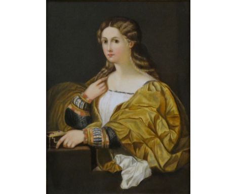 A French porcelain plaque, stamped PV, Parry and Vielle? decorated in the Vienna style with a portrait of a lady in 18th cent