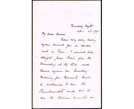 Sir John Lavery RA RSA RHA (1856-1941) AUTOGRAPHED LETTER TO SCOTTISH PATRON J.J. COWAN, 28 APRIL 1895 two and a half pages O