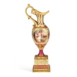 A VIENNA PORCELAIN MAGENTA-GROUND EWER AND STAND