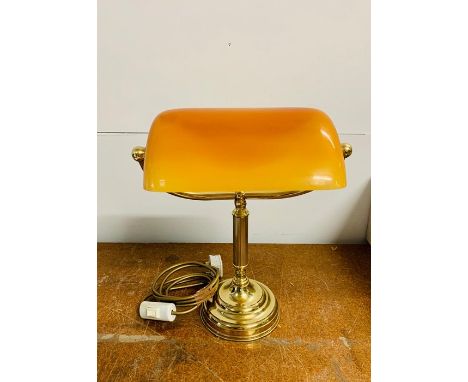 Brass bankers desk lamp with an orange shade 