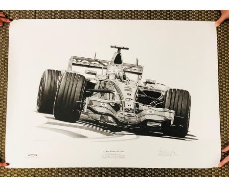 An unframed limited edition print of Lewis Hamilton's first victory by Alan Stammers 195/750 90cm x 79cm.