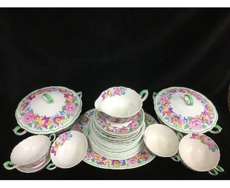 Crown Staffordshire - A part dinner service of 15227 pattern, decorated with a garland of Summer flowers within a leaf green 