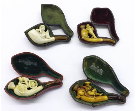 Carved Meerschaum pipe modelled as a cyclist, 4.5" long, cased (cheroot a.f); together with three cased Meerschaum pipes mode