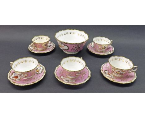 H & R Daniel part porcelain tea service, pattern 3912, painted with floral reserves in a gilt surround on a pink ground, comp