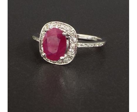 Ruby and diamond 18ct white gold oval cluster ring, diamond set shoulders, ruby 1.20ct approx, cluster 11mm x 10mm, ring size