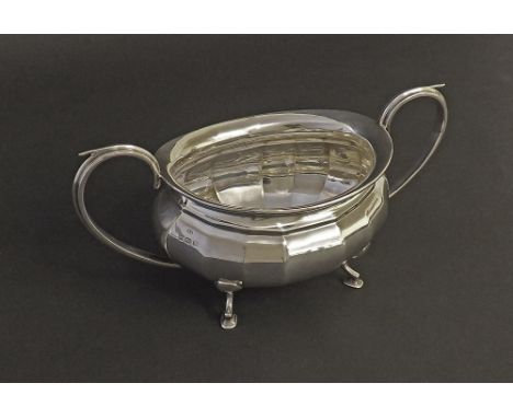 1930s silver faceted twin handled sucrier, maker William Adams, Birmingham 1931, 8" long, 7oz approx