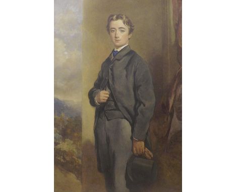 19th Century School - portrait of a young man holding a top hat, watercolour, arched mount, 29.5" x 20.5", framed