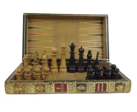 Large 19th century ebony and boxwood part chess set, height of king 12.5cm, with leather backgammon board box