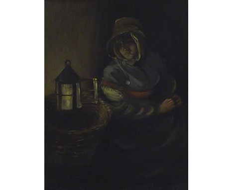 Dutch School - interior study of a seated lady in a bonnet beside a lantern, oil on board, 8" x 6", framed