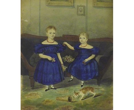 English School - primitive portrait of two girls in blue dresses holding flowers and fruit with a cat at their feet, unsigned