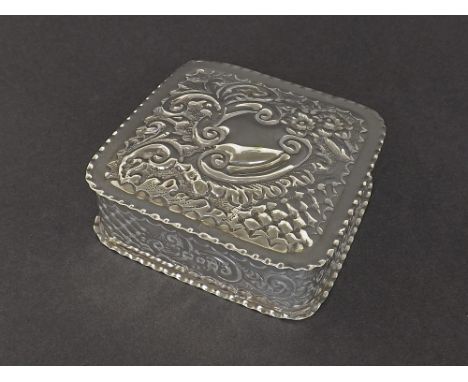 1920s silver square trinket box, embossed with scrolled cartouche and diaper bands, maker TH Hazelwood & Co., Birmingham 1924